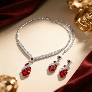 Elegant silver necklace and earrings set with red heart-shaped gemstones and sparkling crystals, displayed on a soft fabric background