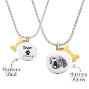 Personalized pet memorial necklace with round pendant engraved with dog photo and custom text “Cooper 2008–2024,” paired with a gold bone charm