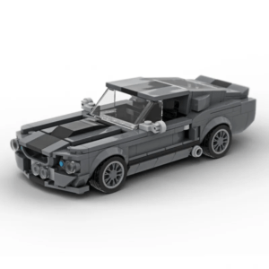 Grey brick-built classic muscle car model with detailed headlights and sporty design on a plain background