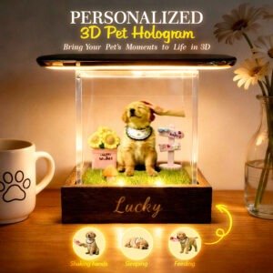Personalized 3D pet hologram showcasing a dog in a glowing display box