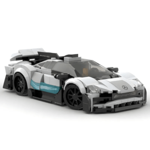 Mercedes AMG style racing car building blocks model in silver and black with teal accents, detailed aerodynamic design on a clean background