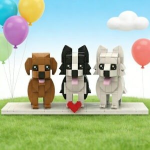 Three adorable dog figures made from blocks, each with a different color (brown, black and white), standing on a platform with a red heart. Colorful balloons float in the background under a blue sky