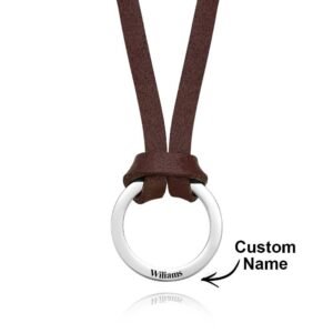 Brown leather cord necklace with silver ring pendant engraved “Wiliams,” customizable name design.