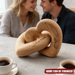 Personalized wooden infinity heart sculpture with engraved names