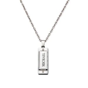 Personalized harmonica pendant necklace engraved with the name “Michael” on a silver chain