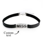 Black leather choker necklace with silver plate engraved “MISS,” customizable text design with adjustable clasp
