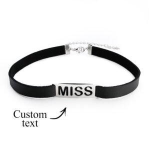 Black leather choker necklace with silver plate engraved “MISS,” customizable text design with adjustable clasp