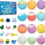 Colorful bath bombs in various shades with a box labeled 'Bath Bomb Gift,' alongside cute ocean-themed animal figures like fish, turtles, and sharks