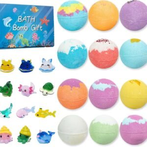 Colorful bath bombs in various shades with a box labeled 'Bath Bomb Gift,' alongside cute ocean-themed animal figures like fish, turtles, and sharks