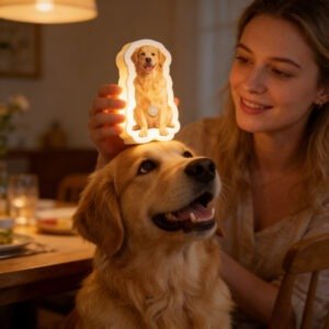 A woman smiling and holding a dog-shaped light on top of her golden retriever's head. The light features a picture of the same dog