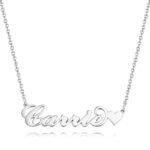 Personalized silver name necklace with “Carrie” in script and a small heart charm, on a delicate chain against a white background