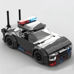 Police patrol car building blocks model in black and white with red and blue light bar, detailed mini brick police vehicle on a clean background