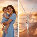 imageName1776653190058jpg - Printshop4me.au Split image showing a smiling mother holding her child at the beach during sunset alongside a matching mother-and-child pendant necklace symbolizing love and bond
