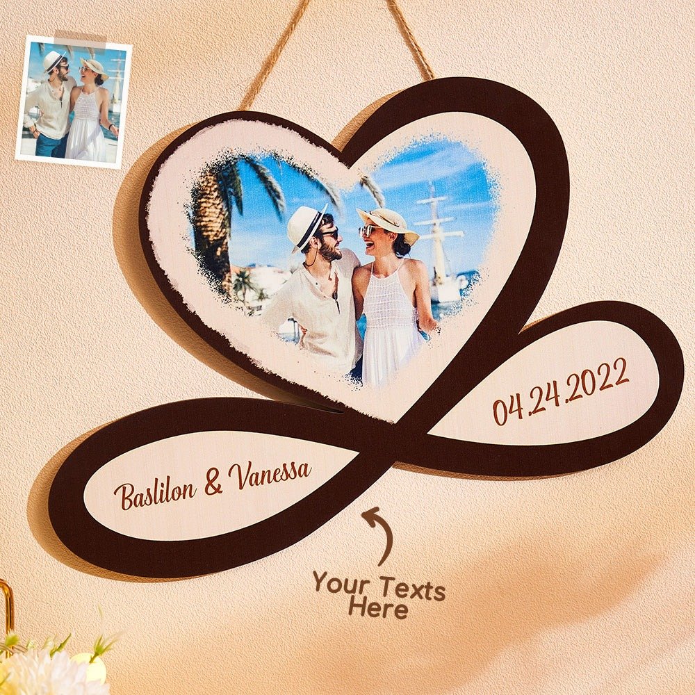 CBS8553jpg - Printshop4me.au Personalized heart-shaped wooden plaque hanging on a wall featuring a printed photo of a smiling couple in summer attire. Text areas on the plaque display 'Basilon & Vanessa' and the date '04.24.2022', with an arrow pointing to the area labeled 'Your Texts Here' for customization."
