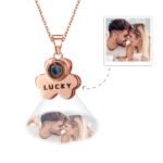 Personalized Lucky Flower Projection Necklace in Rose Gold with Hidden Photo, Custom Picture Projection Pendant for Couples, Romantic Anniversary Gift, Photo Inside Necklace for Her.