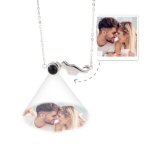PNL1141jpg - Printshop4me.au Personalized silver necklace with a small cat-shaped charm and a black circular projection pendant showing a couple smiling and leaning close together, with an inset photo of the couple in the top right corner