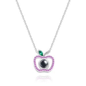 SSL-2405-0001jpg - Printshop4me.au Silver necklace with an apple-shaped pendant adorned with pink gemstones and a green leaf, featuring a black photo projection sphere in the center