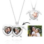 Customizable turtle locket necklace showing a silver and rose gold turtle design. The locket opens to reveal two heart-shaped photo compartments with pictures of a mother and daughter. A small arrow points to one of the photos, indicating personalization. The turtle pendant is attached to a silver chain
