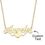 Heart-shaped gold name necklace with three connected hearts, featuring a customizable engraved text "Angela" for personalized jewelry gifts.