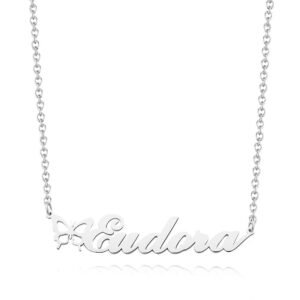 Personalized silver name necklace with the name 'Eudora' in cursive script, featuring a small butterfly design on the left, isolated on a white background.
