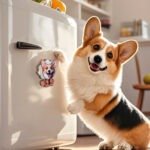 380b77f6-3466-4478-9b6c-aaba08b85e52-0jpeg - Printshop4me.au A smiling corgi stands on its hind legs in a kitchen, paw raised toward a white refrigerator. On the fridge door is a custom pet magnet featuring the dog’s illustrated face. The scene highlights personalized pet décor in a bright, cozy home setting.