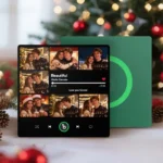 Personalized Christmas-themed custom photo music plaque featuring a collage of couple photos arranged in a grid. The design shows the song “Beautiful” by Giulio Cercato in a Spotify-style player interface with a progress bar, playback controls, and a heart icon. The central text reads “Love you forever.” The plaque is displayed in front of a blurred Christmas tree background with ornaments and warm lights, alongside a green circular record-style panel.