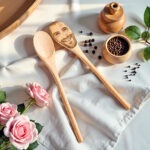 CCJ0P038X01jpg - Printshop4me.au Personalized wooden kitchen spoons displayed on a white fabric surface, one spoon engraved with a smiling man’s portrait while the other remains plain. The arrangement includes decorative elements such as pink roses, wooden spice bowls, and scattered peppercorns, creating a warm styled kitchen scene.