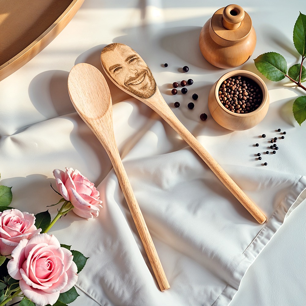 CCJ0P038X01jpg - Printshop4me.au Personalized wooden kitchen spoons displayed on a white fabric surface, one spoon engraved with a smiling man’s portrait while the other remains plain. The arrangement includes decorative elements such as pink roses, wooden spice bowls, and scattered peppercorns, creating a warm styled kitchen scene.