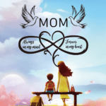 Illustration of a mother and child sitting on a bench under a pastel sky, with doves and an infinity-heart design carrying the phrases 'MOM' and 'Always on my mind' and 'Forever in my heart'