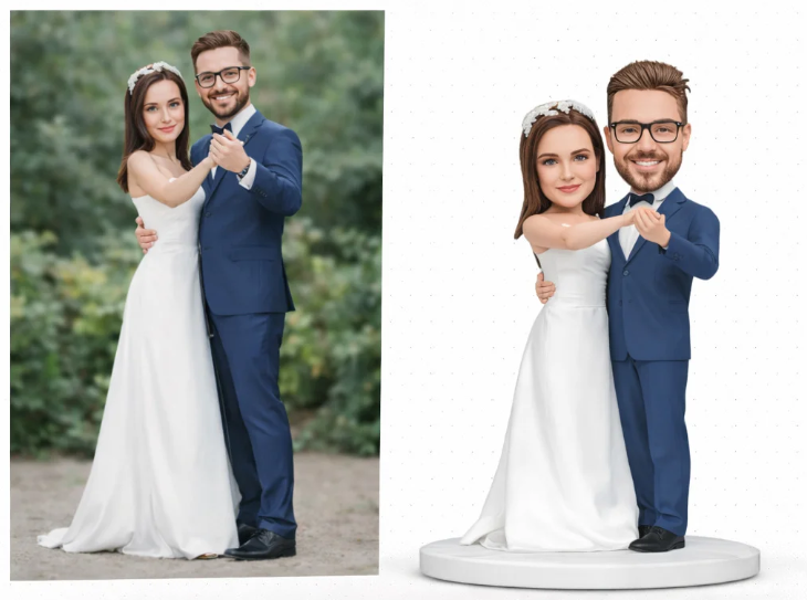 Wedding couple in a white dress and navy suit embrace outdoors; a cutout/figurine version stands on a circular pedestal to the right against a white background.