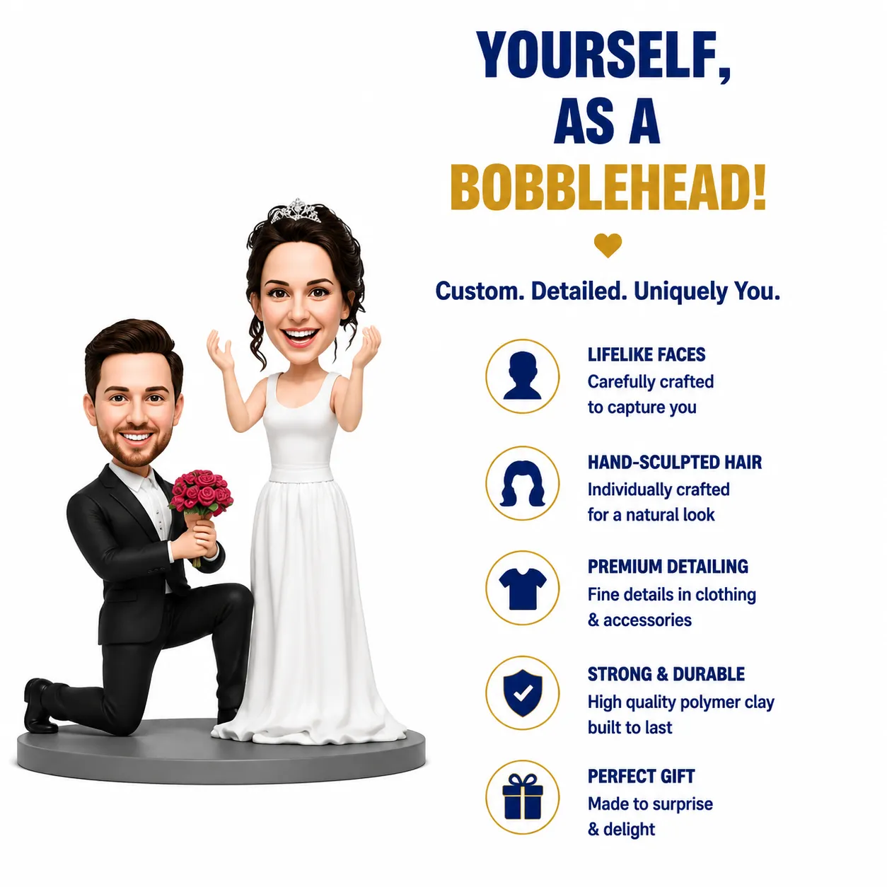 Cartoon bride and groom bobblehead figures on the left; the right side lists wedding customization features with circular icons.