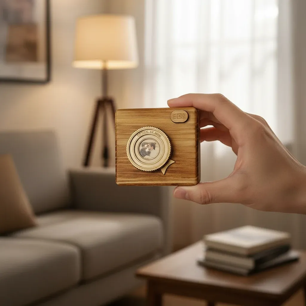 Personalised Vintage Wooden Camera Box Keychain for Film Rolls – lifestyle photo showing the gift in use